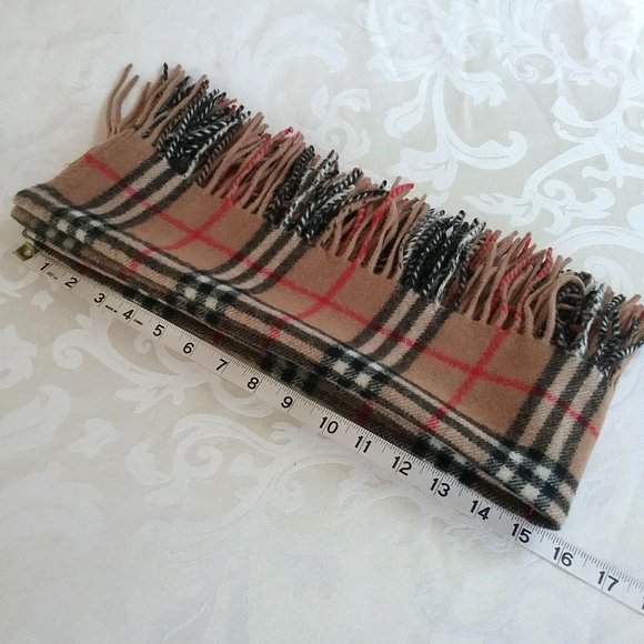 Plaid scarf with fringes. Red, black and white on tan preppy - Picture 5 of 6